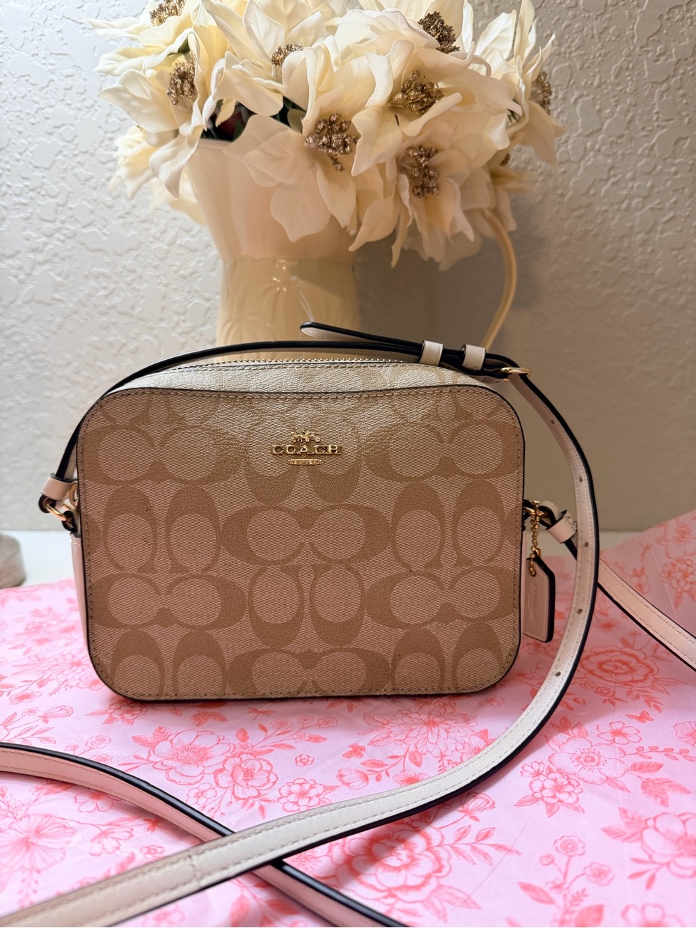 Coach Tan Signature Canvas Crossbody Bag with Cream Trim